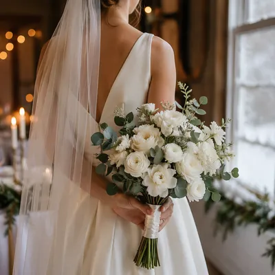 Winter Bride Holding White Wedding Bouquet