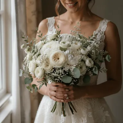 Bride Holding White Wedding Bouquet by Window