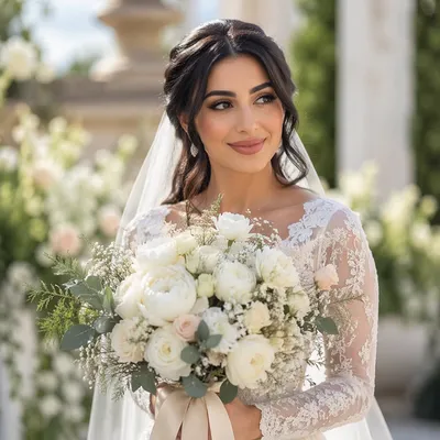 Bride Holding White Wedding Bouquet Outdoors