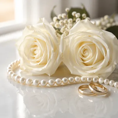 White Rose Bridal Bouquet With Gold Rings