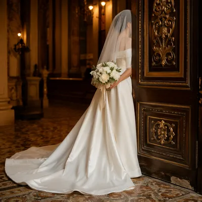 Veiled Bride with White Holiday Bouquet