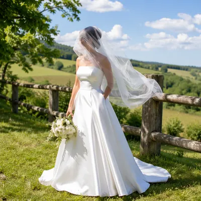 Serene Bride With White Bouquet in Meadow
