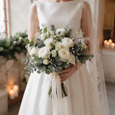 Winter Chapel Bridal Bouquet with White Roses