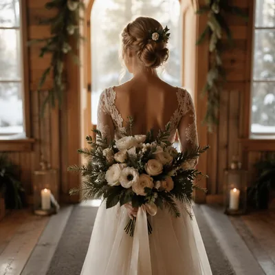 Holiday Bride Bouquet in Chapel Entryway