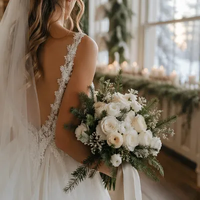 Winter Wedding Bouquet with White Roses