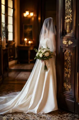 Veiled Bride with White Bouquet in Warm Venue