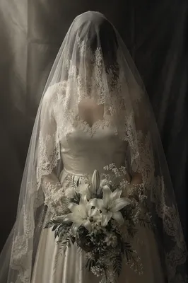Veiled Bride with White Lily Bouquet