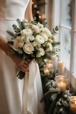 Winter Bride Holding White Rose Bouquet