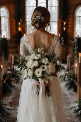 Winter Chapel Bride with White Bouquet