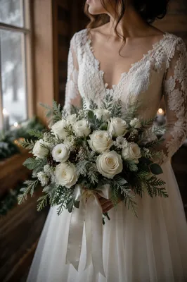 Winter Chapel Bride with White Bouquet