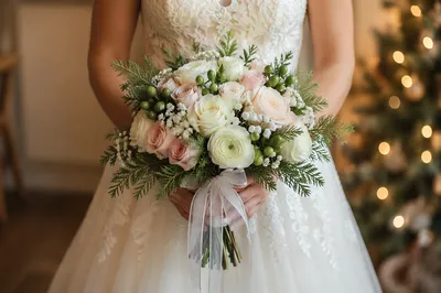 Elegant White Bridal Bouquet for Holiday Wedding