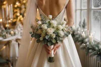 Winter Bride Holding White Wedding Bouquet