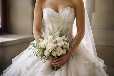 Elegant Bride Holding White Wedding Bouquet
