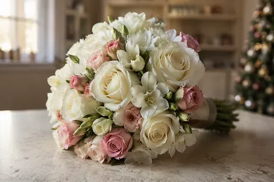 Holiday Bridal Bouquet with White Roses