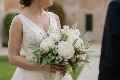 White Peony Bridal Bouquet in Courtyard