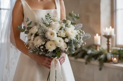 Winter Chapel Bride with White Bouquet