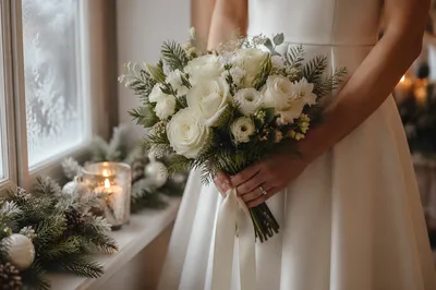 Winter Bride Holding White Floral Bouquet
