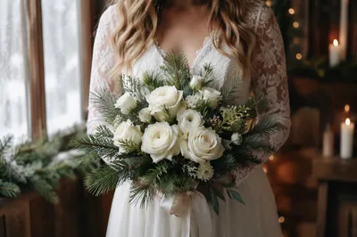 Holiday Bride Holding White Winter Bouquet