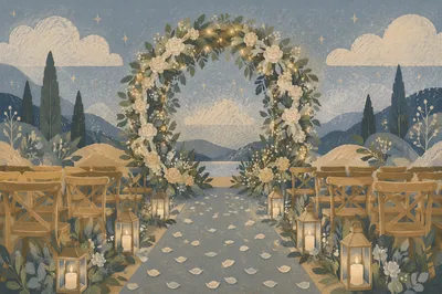 Outdoor Winter Wedding Floral Arch at Golden Hour