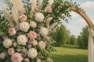 Outdoor Wedding Floral Arch in Romantic Light