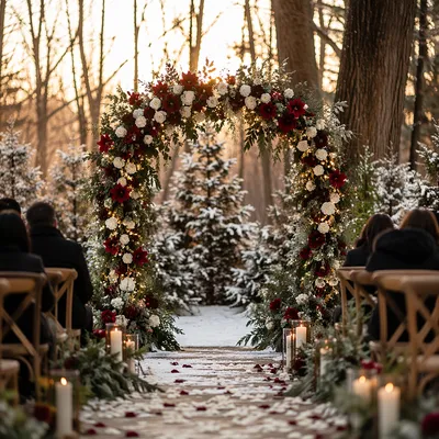 Outdoor Holiday Wedding Floral Arch Ceremony