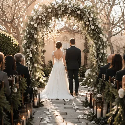 Outdoor Winter Wedding Beneath Floral Arch