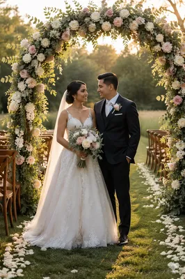 Outdoor Wedding Couple Beneath Flower Arch