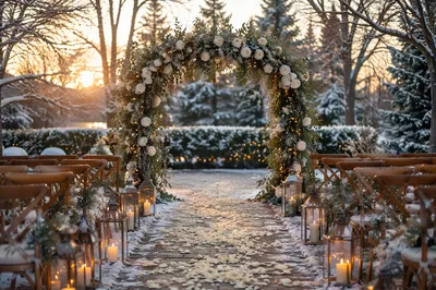 Outdoor Winter Wedding Floral Arch at Golden Hour