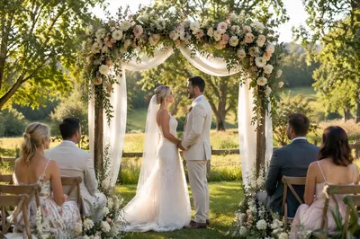 Outdoor Wedding Ceremony Beneath Floral Arch