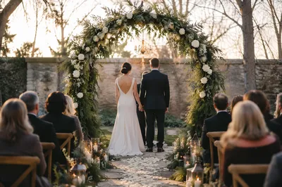 Outdoor Holiday Wedding Beneath Floral Arch