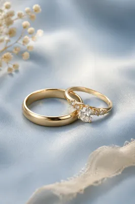 Elegant Gold Wedding Rings on Blue Satin