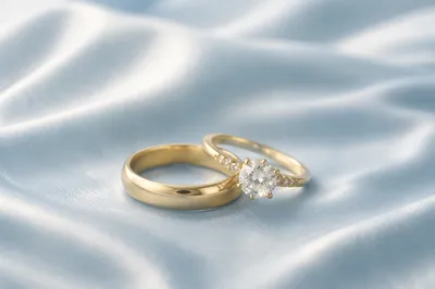 Elegant Gold Wedding Rings on Blue Satin