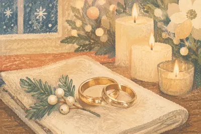 Elegant Gold Wedding Rings with Holiday Candles