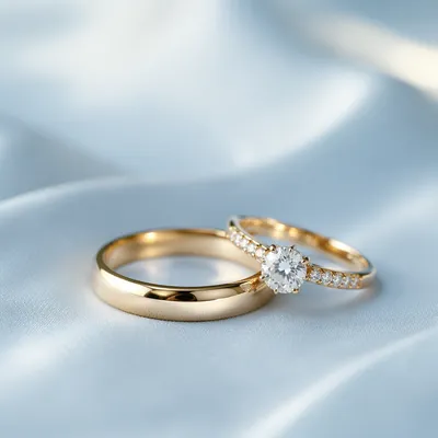 Elegant Gold Wedding Rings on Blue Satin