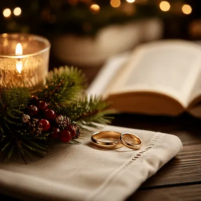 Elegant Gold Wedding Rings with Holiday Candlelight