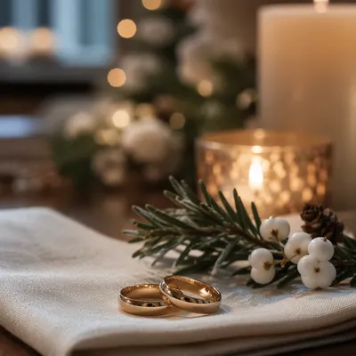 Elegant Gold Wedding Rings with Christmas Candles