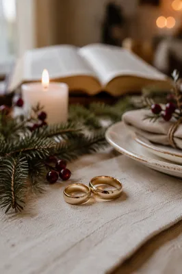Elegant Gold Wedding Rings with Winter Candlelight