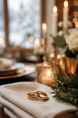 Elegant Gold Wedding Rings with Holiday Candlelight