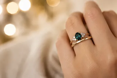 Elegant Gold Wedding Rings with Teal Gemstone