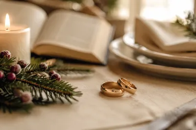 Elegant Gold Wedding Rings with Winter Candlelight
