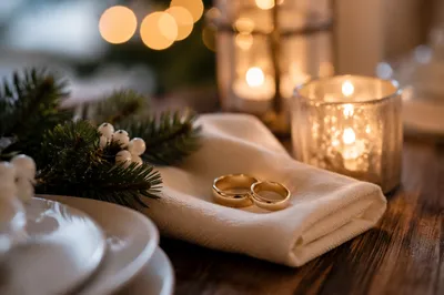 Elegant Gold Wedding Rings with Christmas Candles