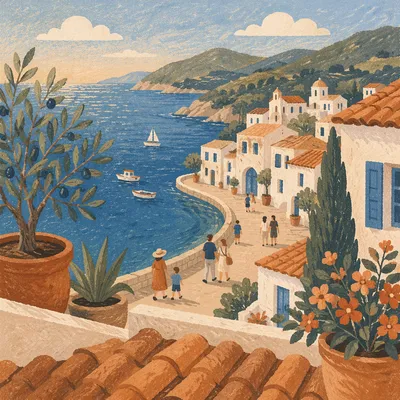 Sunlit Balcony View Over Coastal Village