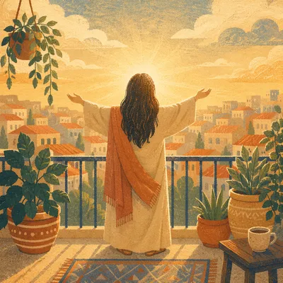 Morning Balcony Prayer with Plants and Sunrise