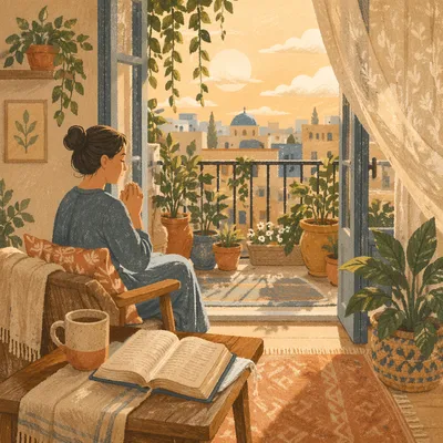 Morning Devotion by a Plant Filled Balcony