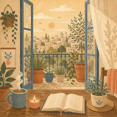 Morning Balcony Terrace with Plants View