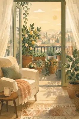 Sunlit Balcony Terrace with Morning Plants