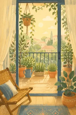 Peaceful Morning Balcony Terrace with Plants