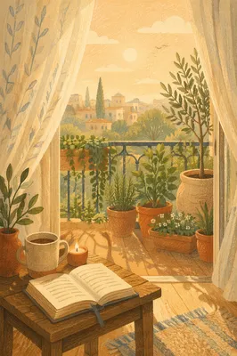 Morning Balcony Terrace with Potted Plants