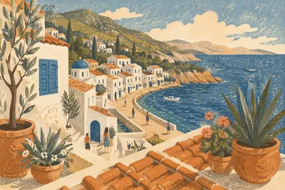 Sunlit Balcony View of Coastal Village
