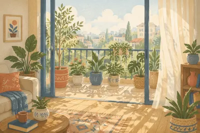 Morning Balcony Terrace with Lush Potted Plants